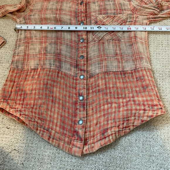Free People Orange Gauze Plaid Button Down Top Size Small - Picture 6 of 7